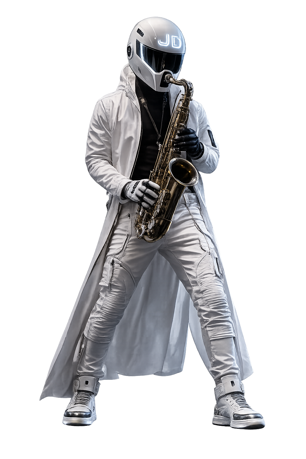 J Odyssey in signature illuminated performance helmet playing saxophone